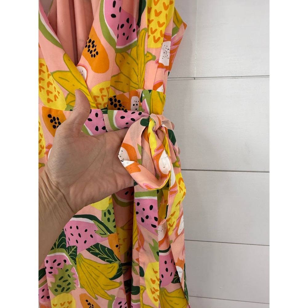 Anthropologie Hutch High-Low Wrap Dress Tropical Fruit Print Pink L - Picture 4 of 9